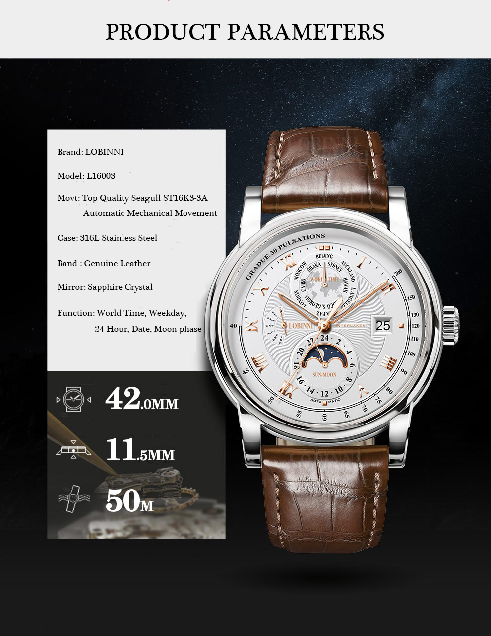LOBINNI-Relógio de Fase Lunar  - Luxury Watch Brands In World avaliação e preço